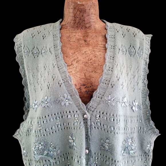 Vtg 90s Cottage core Gramma core Knitted Sleeveless Cardigan Vest - Picture 1 of 14